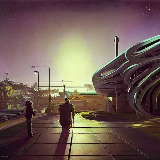 Prompt: painting of syd mead artlilery scifi parametric house with ornate metal work lands on a sidewalk, filigree ornaments, volumetric lights, simon stalenhag