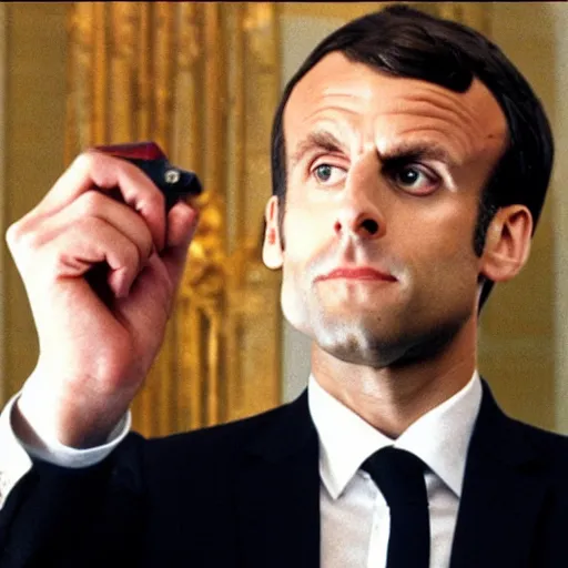 Image similar to Emmanuel Macron using a knife in American Psycho (1999)