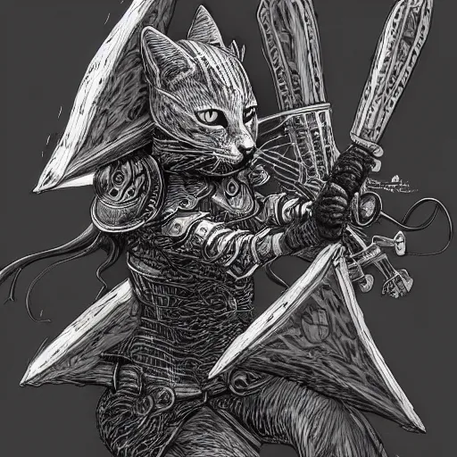 Image similar to Kitten with armor made of pizza, pen and ink, intricate line drawings, by Yoshitaka Amano, Ruan Jia, Kentaro Miura, Artgerm, detailed, trending on artstation, hd, masterpiece,