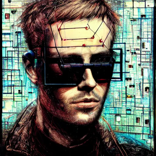 Prompt: hyperrealistic portrait of a cyberpunk man, by Guy Denning, Johannes Itten, Russ Mills, hacking effects, detailed lines, network, cybernetics, futurisitc sunglasses, long hair, cables, computation, technological, color blocking!, circuitry, digital, oil on canvas, insane detail, front view, symmetrical, octane, concept art, abstract, artistic, 8k, cinematic, trending on artstation