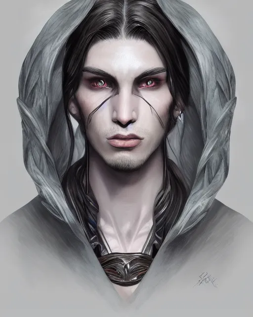 Image similar to portrait of a feminine male dark elf, dark obsidian skin, long hair, fantasy, feminine, elegant, intricate, highly detailed, digital painting, artstation, concept art, sharp focus, illustration