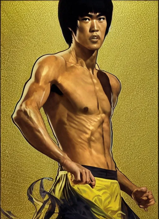 Image similar to bruce lee, yellow, spike aura in motion, floating pieces, painted art by tsuyoshi nagano, greg rutkowski, artgerm, alphonse mucha, spike painting