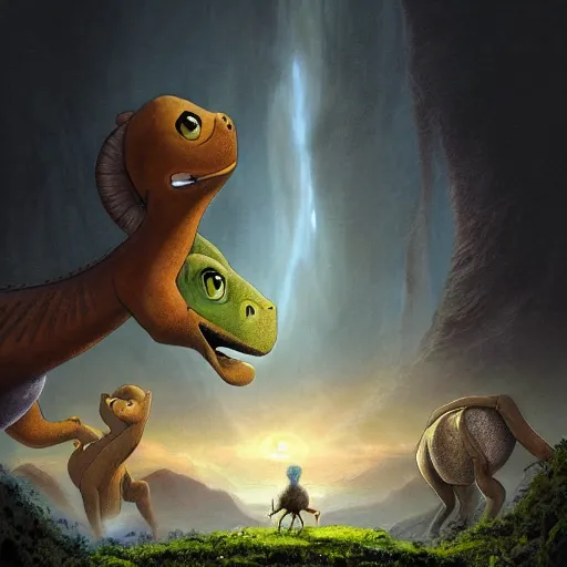 Image similar to the land before time, artstation hall of fame gallery, editors choice, # 1 digital painting of all time, most beautiful image ever created, emotionally evocative, greatest art ever made, lifetime achievement magnum opus masterpiece, the most amazing breathtaking image with the deepest message ever painted, a thing of beauty beyond imagination or words