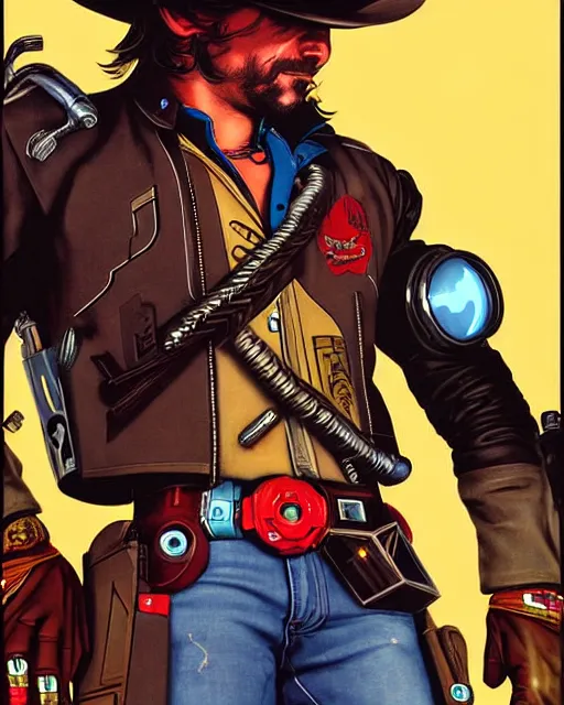 Image similar to mccree from overwatch, cyber space cowboy, outter space, cyber armor, character portrait, portrait, close up, concept art, intricate details, highly detailed, vintage sci - fi poster, retro future, vintage sci - fi art, in the style of chris foss, rodger dean, moebius, michael whelan, and gustave dore