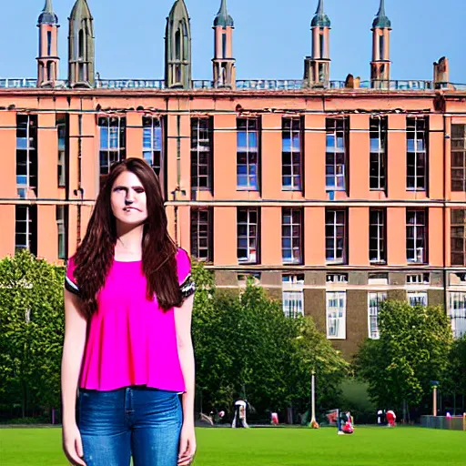 Image similar to A young woman with long brown hair and a pink top, headshot, with the top of Royal Holloway Building in the background, realistic photo