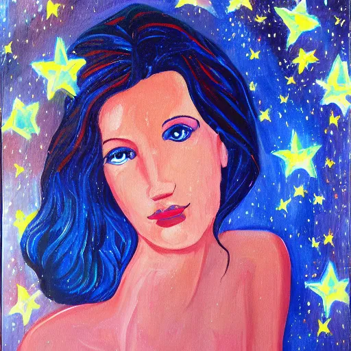 Image similar to painting a perfect women in the bluesy with stars, high resolution