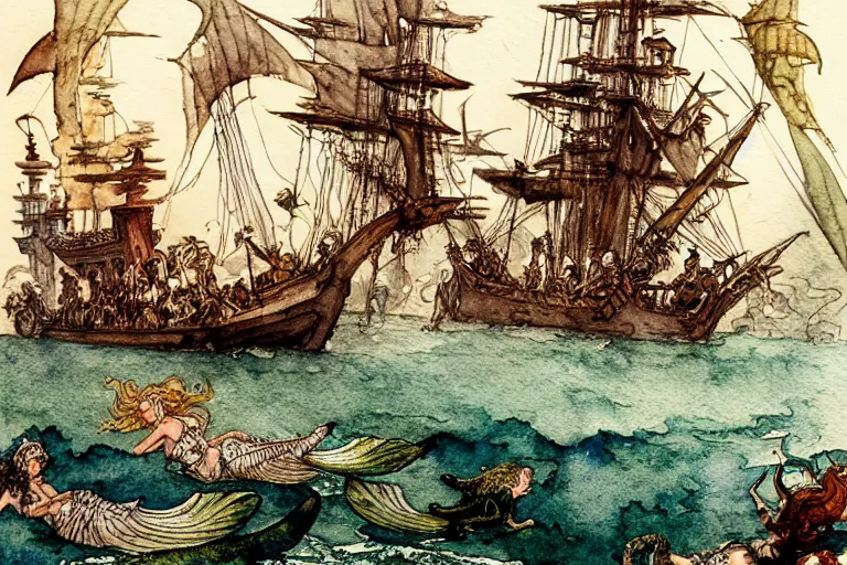 Image similar to mermaids and sirens raid an enourmous pirate ship and attack everyone onboard, sinking the ship which is on fire, watercolor painting, art by walter crane and arthur rackham, and albert bierstadt and william turner, illustration style, watercolor