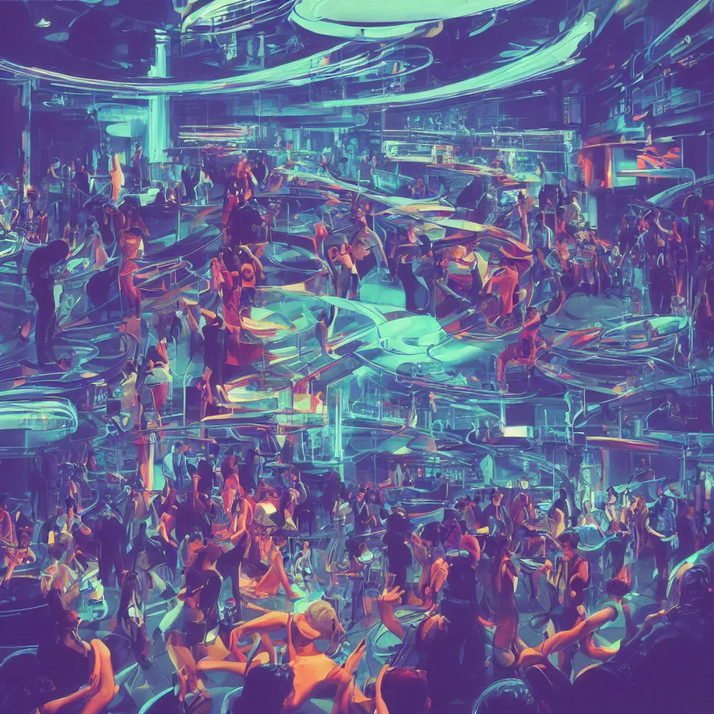 Prompt: people dancing in a cyberpunk nightclub with a large aquarium. smoky room with lasers and neon lights. Painting by Syd Mead. 70's Sci-Fi. highly detailed digital art, trending on artstation. Beautiful glowing blue light.
