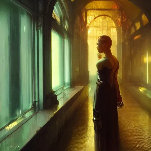 Image similar to detailed face of a woman, moment, cyberpunk cloisters, displays, tech noir, wet reflections, atmospheric, ambient, livia prima, greg rutkowski, edward hopper