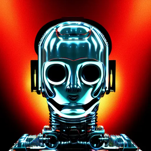 Prompt: hyperdetailed portrait of an atompunk robot head, 8 k, symetrical, flourescent colors, halluzinogenic, black background