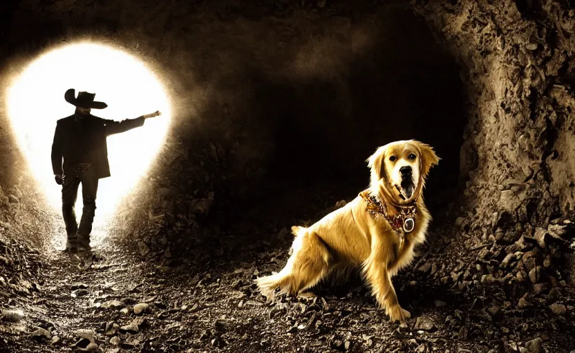 Image similar to a golden retriever in a dark gold mine wearing a wild west jacket and wearing a western hat and finding piles of gold nuggets, covered in soot, moody lighting, light rays coming from tunnel entrance, stylized photo