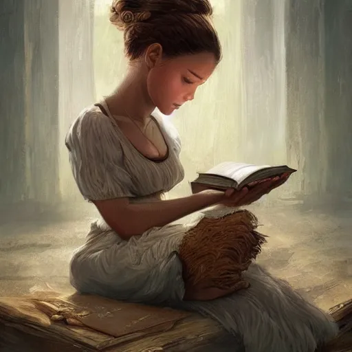 Image similar to village girl reading a book, cinematic, intricate, elegant, highly detailed, digital painting, artstation, concept art, smooth, sharp, focus, illustration, art by artgerm and Johfra Bosschart