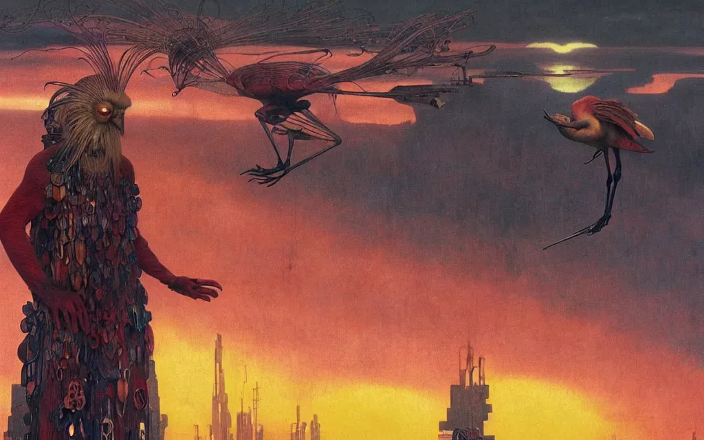 Image similar to realistic detailed portrait movie shot of a birdman wearing dark ragged robes, futuristic city sunset landscape background by denis villeneuve, amano, yves tanguy, alphonse mucha, ernst haeckel, max ernst, roger dean, rich moody colours, cinematic