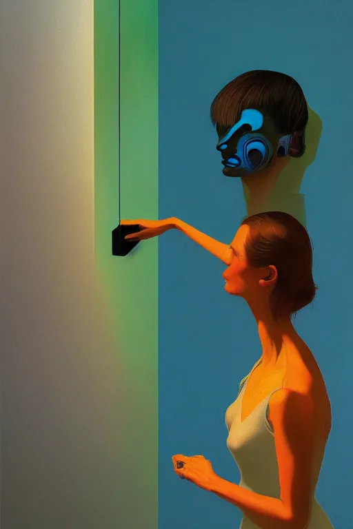 Image similar to woman wearing oculus and digital glitch head edward hopper and james gilleard, zdzislaw beksisnski, higly detailed