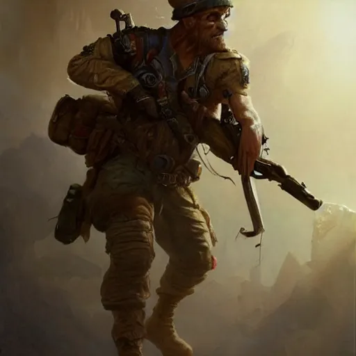 Prompt: A soldier with a patch eye running for his life by Greg Rutkowski , Justin Gerard and Haeckel. Artstation, volumetric light