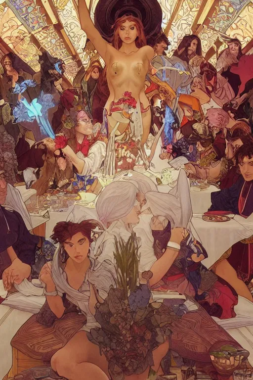 Image similar to the last supper, by artgerm and moebius and alphonse mucha, hyperdetailed, dc comics, explosions in the sky, trending on artstation