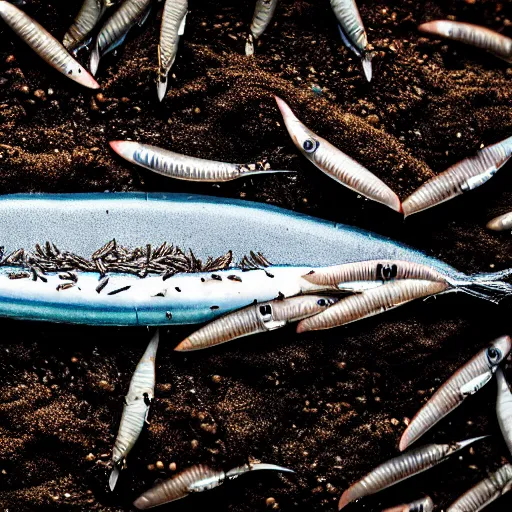 Prompt: a sardine grows from the soil, realistic, detailed, 4k, photography