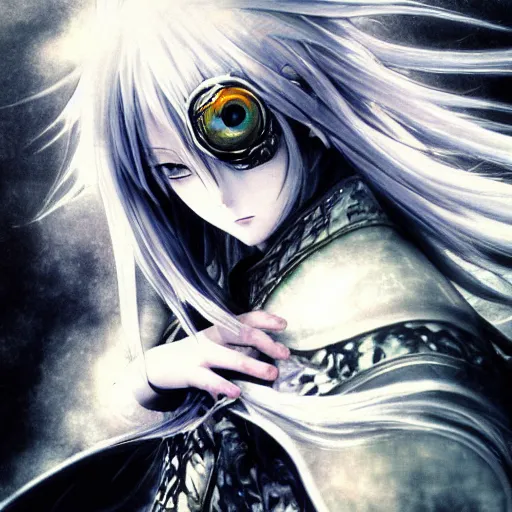 Image similar to Yoshitaka Amano blurred and dreamy illustration of an anime girl with pirate eye patch, wavy white hair and cracks on her face wearing Elden ring armour with the cape fluttering in the wind, abstract black and white patterns on the background, noisy film grain effect, highly detailed, Renaissance oil painting, weird portrait angle