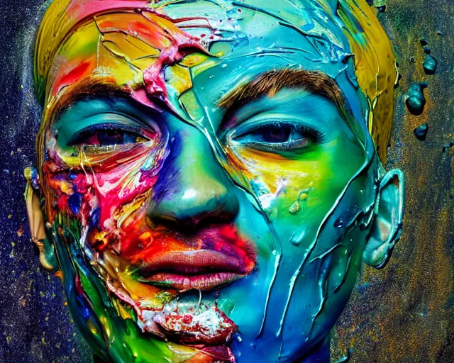 Prompt: abstract expressionist portrait of a head showing strong negative emotions painted with very thick impasto paint and acrylic pour and coloured powder explosion and splashing paint and dripping paint and flying paint chunks, dimmed realistic colours, motion blur, hyperrealistic, intricate art photography, anatomically correct, realistic crisp textures, 1 6 k