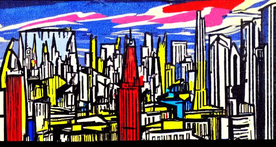 Image similar to color sketch of the london skyline, highly detailed, dramatic lighting, intense shadows, rich deep colours, by roy lichtenstein