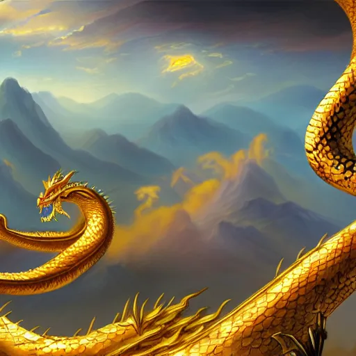 Prompt: a landscape painting of a golden serpent dragon winding through the air in a mountain range, chinese dragon, intimidating clouds, ultrawide angle, depth of field, in a baroque style, 4 k, artstation