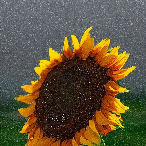 Prompt: a sad! sunflower on a rainy! day, standing alone in a wide field!, in a symbolic and meaningful style, trending on artstation, by rj monet.