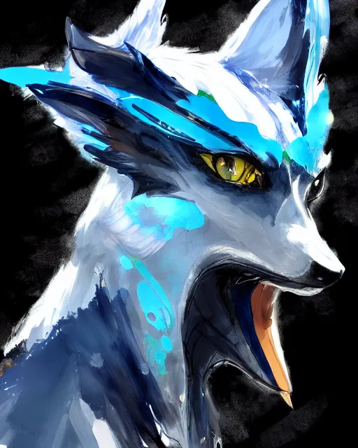 Image similar to concept art of winged wolf neon blue and black, highly detailed painting by dustin nguyen, akihiko yoshida, greg tocchini, 4 k, trending on artstation, 8 k