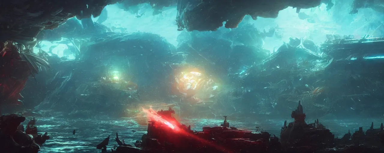 Image similar to fantasy battleship wreck underwater, coral reef, glowing aura, techno organic fish, 4 k, artstation, greg rutkowski, concept art, matte painting