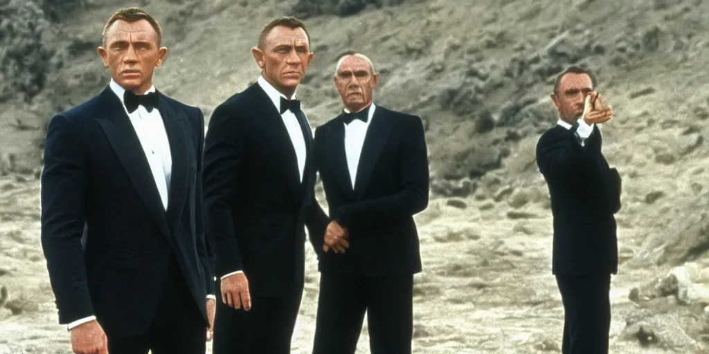 Image similar to Still of a James Bond movie with Daniel Craig as James Bond and Sean Connery as the father of James Bond