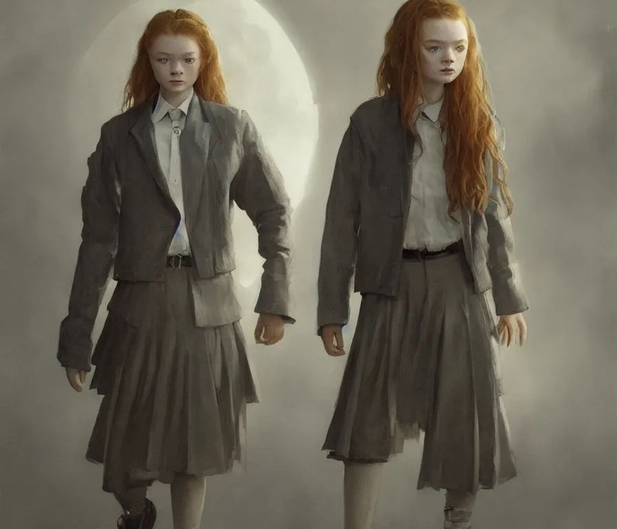 Prompt: sadie sink dressed in oversized school uniform : costume concept for a scifi cyberpunk film. by greg rutkowski, john j. park, jason chan, noah bradley, feng zhu, gintas galvanauskas, gustave courbet, rosa bonheur, edward hopper. sharp focus, cinematic atmosphere, detailed and intricate, perfect anatomy