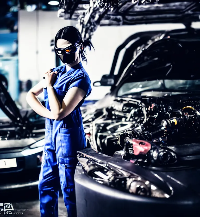 Image similar to a photo close up a female mechanic standing next to cyberpunk car,, wearing mask, cyberpunk garage, cyberpunk gunma prefecture, midnight, photorealistic, cinematic color, studio lighting, highly detailed, bokeh, style by tomino - sama