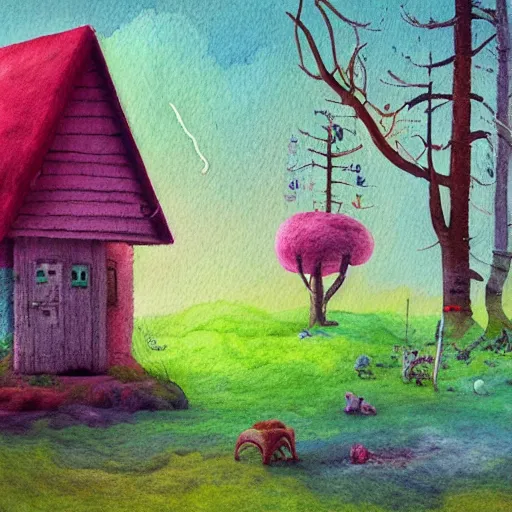 Image similar to small wooden house in the middle of spring forest, bright colours, watercolor, volumetric wool felting, macro photography, children illustration, by simon stalenhag