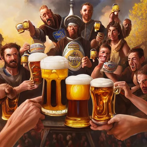 Image similar to an epic painting of the crusaders order of beer lovers, holding mugs of beer in their hands, oil on canvas, golden hour, beautiful detailed, photorealistic, digital painting, artstation, concept art, smooth, sharp focus, illustration, fantasy background, artstation trending, octane render, unreal engine