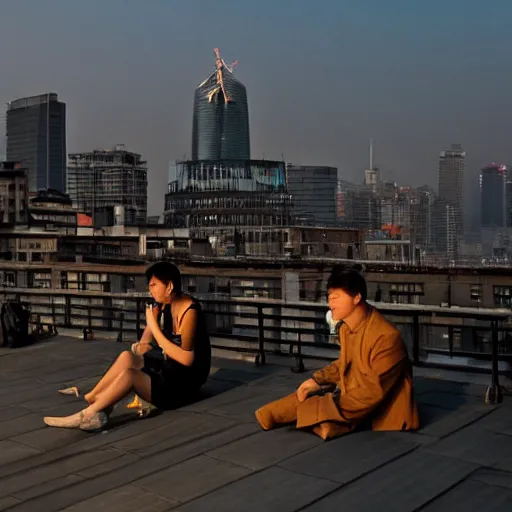 Image similar to a small rooftop with a couple of people sitting and watching the view, wearing black modern clothes, modern shanghai bund is on the background, sunset, by gregory crewdson, smog