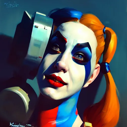 Image similar to Greg Manchess portrait painting of Harley Quinn as Overwatch character, medium shot, asymmetrical, profile picture, Organic Painting, sunny day, Matte Painting, bold shapes, hard edges, street art, trending on artstation, by Huang Guangjian and Gil Elvgren and Sachin Teng