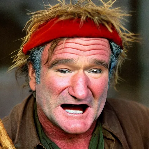 Image similar to robin williams as wurzel gummidge, looking in window at night, demented, wispy hair, drooling, slack jaw