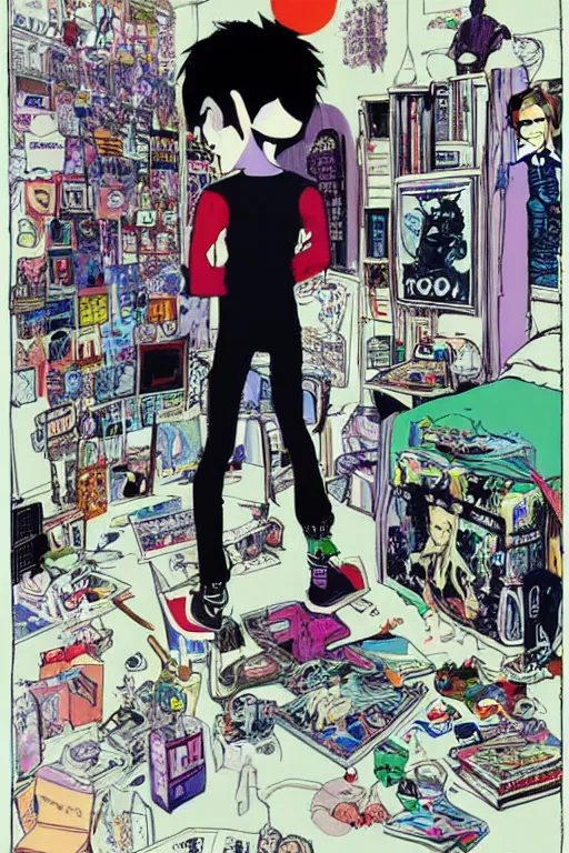 Image similar to a skinny goth guy standing in a cluttered 9 0 s bedroom by jamie hewlett, back view, jamie hewlett art, full body character concept art, vaporwave colors,