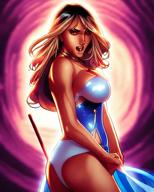 Image similar to sakimi chan comicbook cover art, jessica alba as aphrodite ix