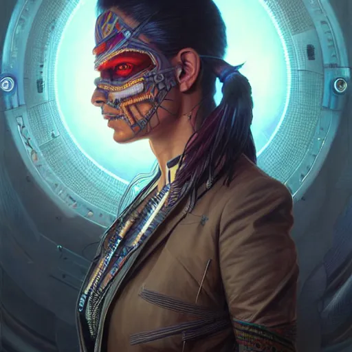 Image similar to portrait painting of a cyberpunk corporate boss native american, ultra realistic, concept art, intricate details, eerie, highly detailed, photorealistic, octane render, 8 k, unreal engine. art by artgerm and greg rutkowski and charlie bowater and magali villeneuve and alphonse mucha