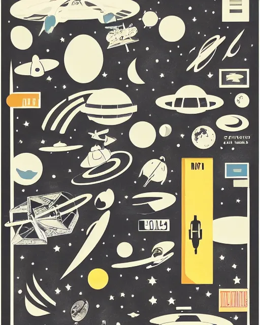 Prompt: A collage of Space Travel, landing on the moon, mid-century modern, made of random shapes cut from magazines