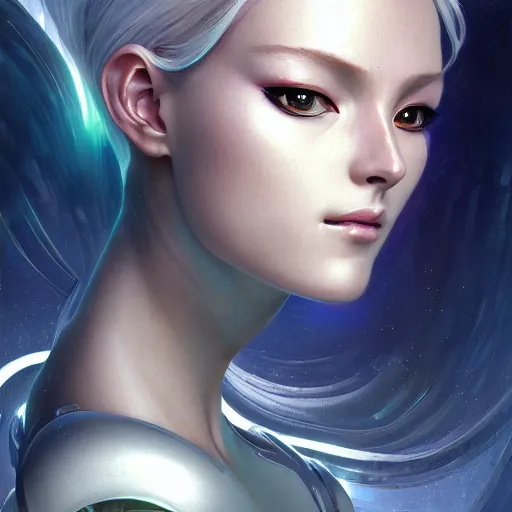 Image similar to portrait of a futuristic android princess, science fiction, smooth technology, smooth body, fairy wings, intricate, headshot, highly detailed, digital painting, trending on artstation, concept art, sharp focus, cinematic lighting, illustration, art by masamune shirow and greg rutkowski, alphonse mucha, cgsociety