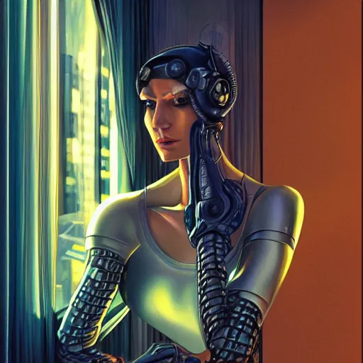 Image similar to portrait of cyberpunk woman looking out of a window, cyberpunk setting, futuristic, highly detailed, intricate lighting, digital painting, sharp focus, illustration, trending on artstation, art by boris vallejo.