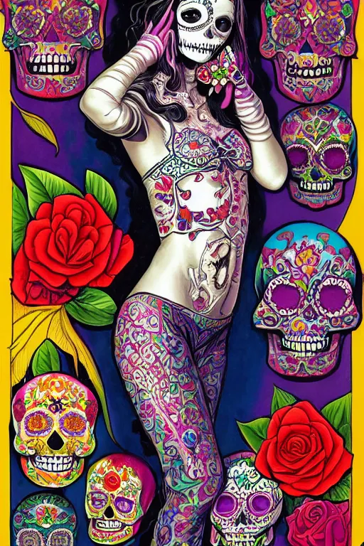 Prompt: Illustration of a sugar skull day of the dead girl, art by joe jusko