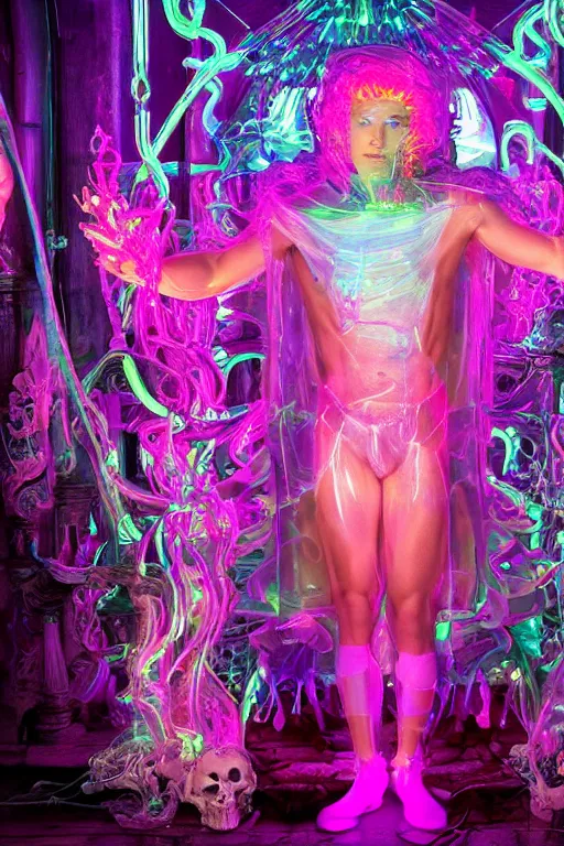 Image similar to photo of full-body rococo and cyberpunk delicate neon crystalline sculpture of ((muscular albino prince Nick Jonas)) as an iridescent humanoid deity wearing a thin see-through ((plastic hooded cloak)) (holding a human skull) in a neon castle dungeon, reclining con (((las piernas abiertas))), glowing pink face, crown of (white lasers), large diamonds, swirling black silk fabric. futuristic elements. oozing glowing liquid, full-length view. space robots. intricate artwork by caravaggio. Trending on artstation, octane render, cinematic lighting from the right, hyper realism, octane render, 8k, depth of field, 3D