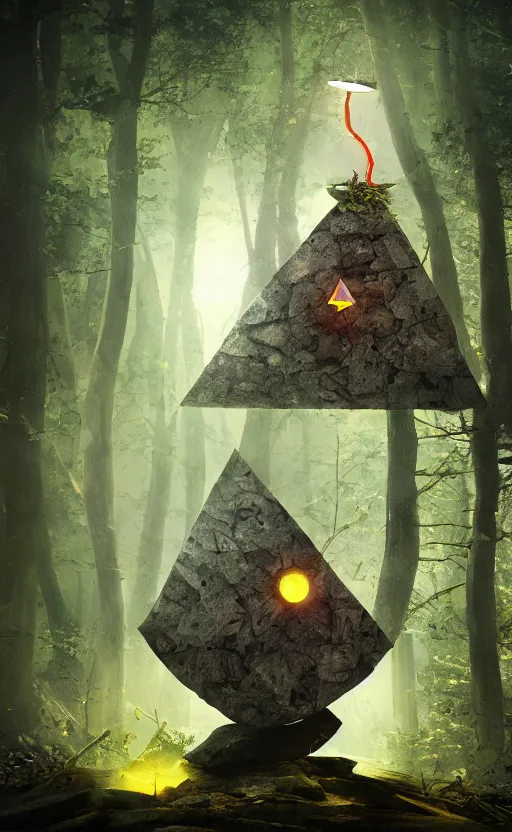 Image similar to dark fantasy photorealistic concept art of bill cipher floating in the middle of a forest with glowing yellow eyes, and pebbles floating in the air, gloomy seen, dynamic lighting, ambient lighting, atmospherical, stunning visuals, creative, cinematic, ultra detailed, trending on art station