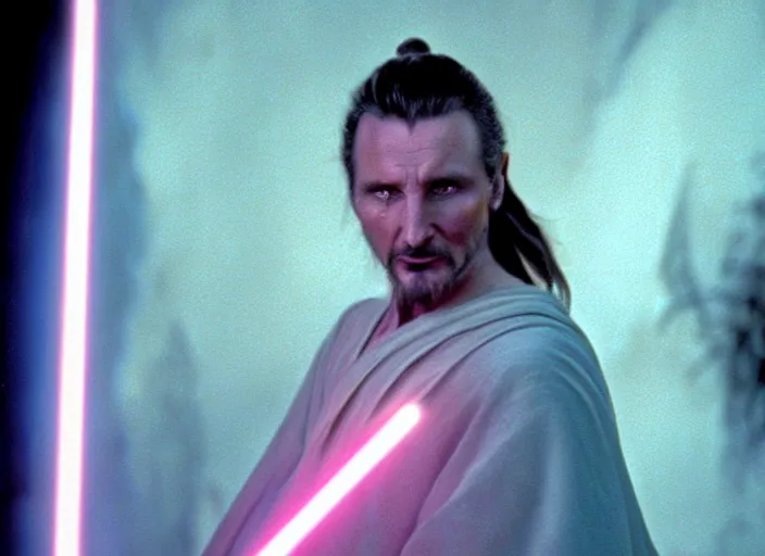 Prompt: screenshot of the force ghost spirit of qui gon jinn, in a hazy pink lit ancient Jedi cathedral, played by liam neeson portrait, screenshot from the 1970s star wars thriller directed by stanley kubrick, Photographed with Leica Summilux-M 24 mm lens, ISO 100, f/8, Portra 400, kodak film, anamorphic lenses