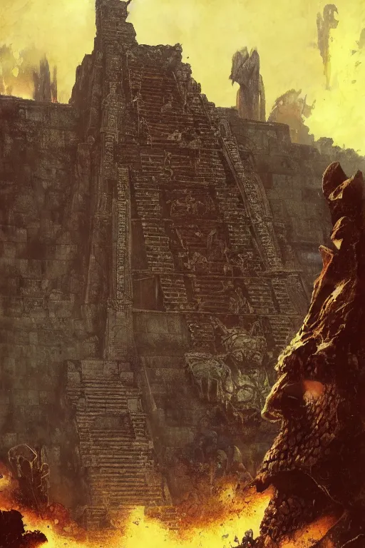 Image similar to a kaiju towers over a mayan temple, by norman rockwell, jack kirby, jon berkey, earle bergey, craig mullins, ruan jia, jeremy mann, tom lovell, marvel, astounding stories, 5 0 s pulp illustration, scifi, fantasy, artstation creature concept