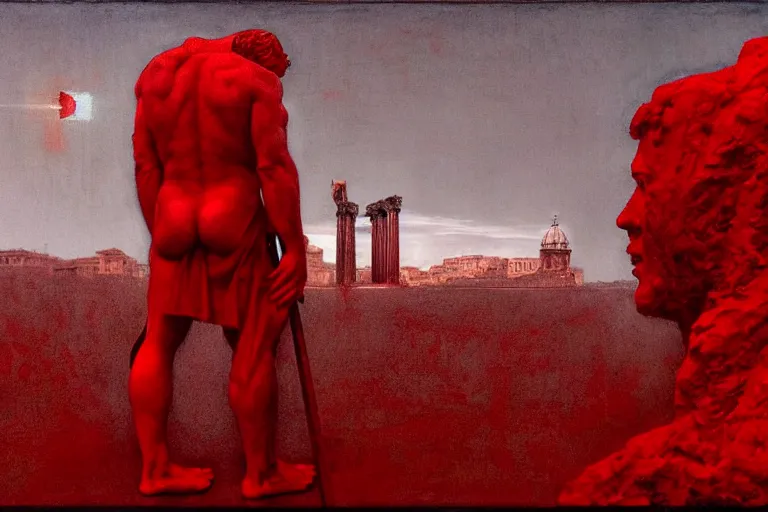 Image similar to only with red, caesar after war, a red tiger, in hoc signo vinces, rome in background, an ancient path, in the style of beksinski, part by hopper, part by rodcenko, part by hofbauer, intricate composition, red by caravaggio, insanely quality, highly detailed, masterpiece, red light, artstation