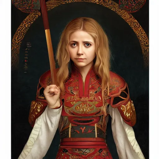 Image similar to a highly detailed portrait of buffy the vampire slayer as a medieval chinese warrior, beautiful detail and color, art by john collier and albert aublet and krenz cushart and artem demura and alphonse mucha, volumetric lighting, octane render, 4 k resolution, trending on artstation, masterpiece