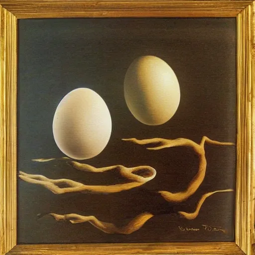 Image similar to A pair of barn owls and a floating egg, oil painting by Salvador Dali